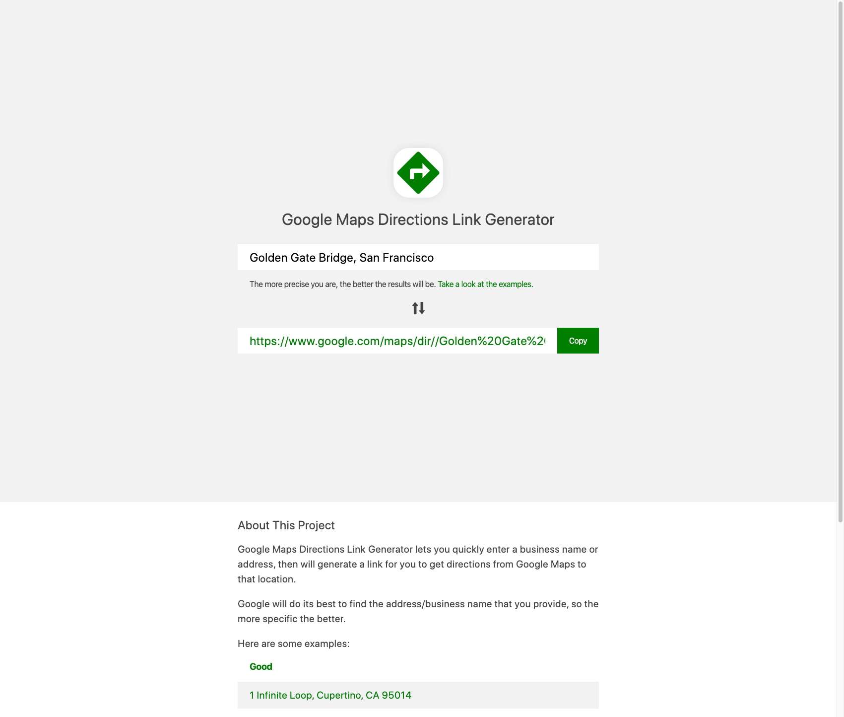 Directions Link Generator Home Page